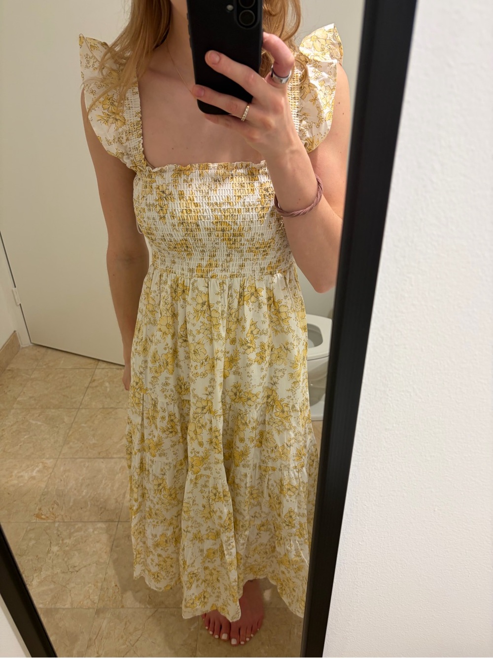 Aqua Yellow Floral Smocked Midi Dress